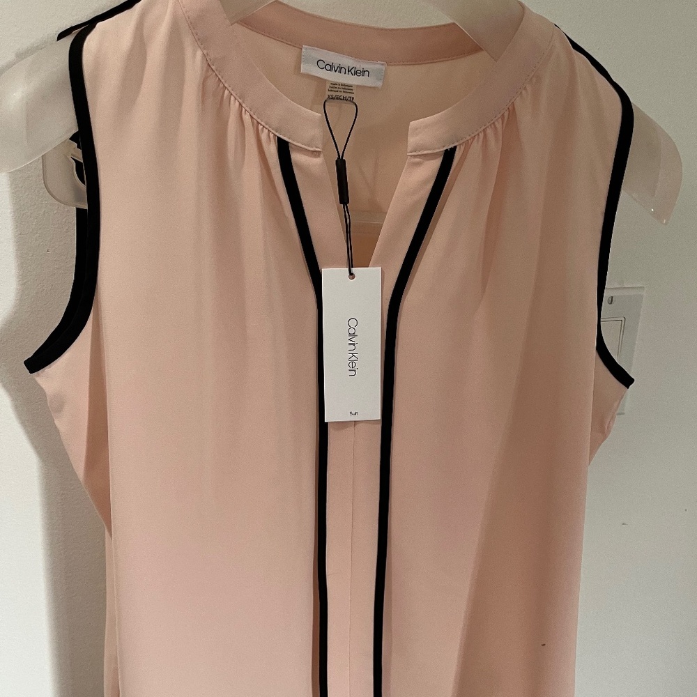 Calvin Klein Basic Casual Career Pink Black Trim Sleeveless Blouse XS
